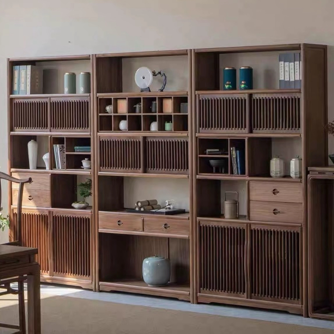 北方榆木 新中式 博古架茶叶柜展示柜多宝阁 推拉隔扇门款