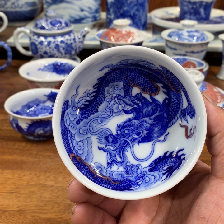 自成堂柴窑青花双龙杯