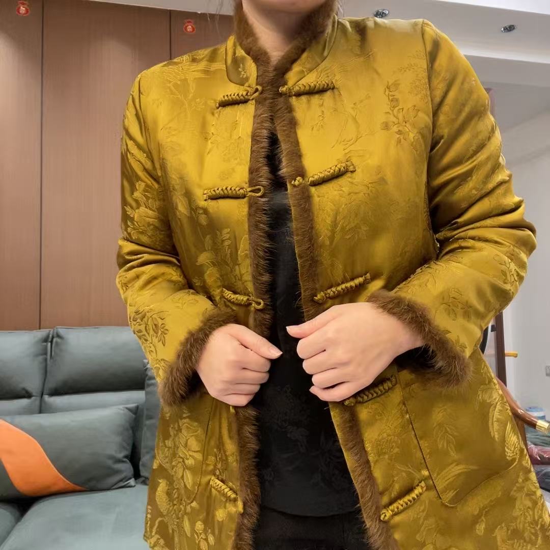 【佳佳】红红火火过大年复古中式貂毛中长款棉服