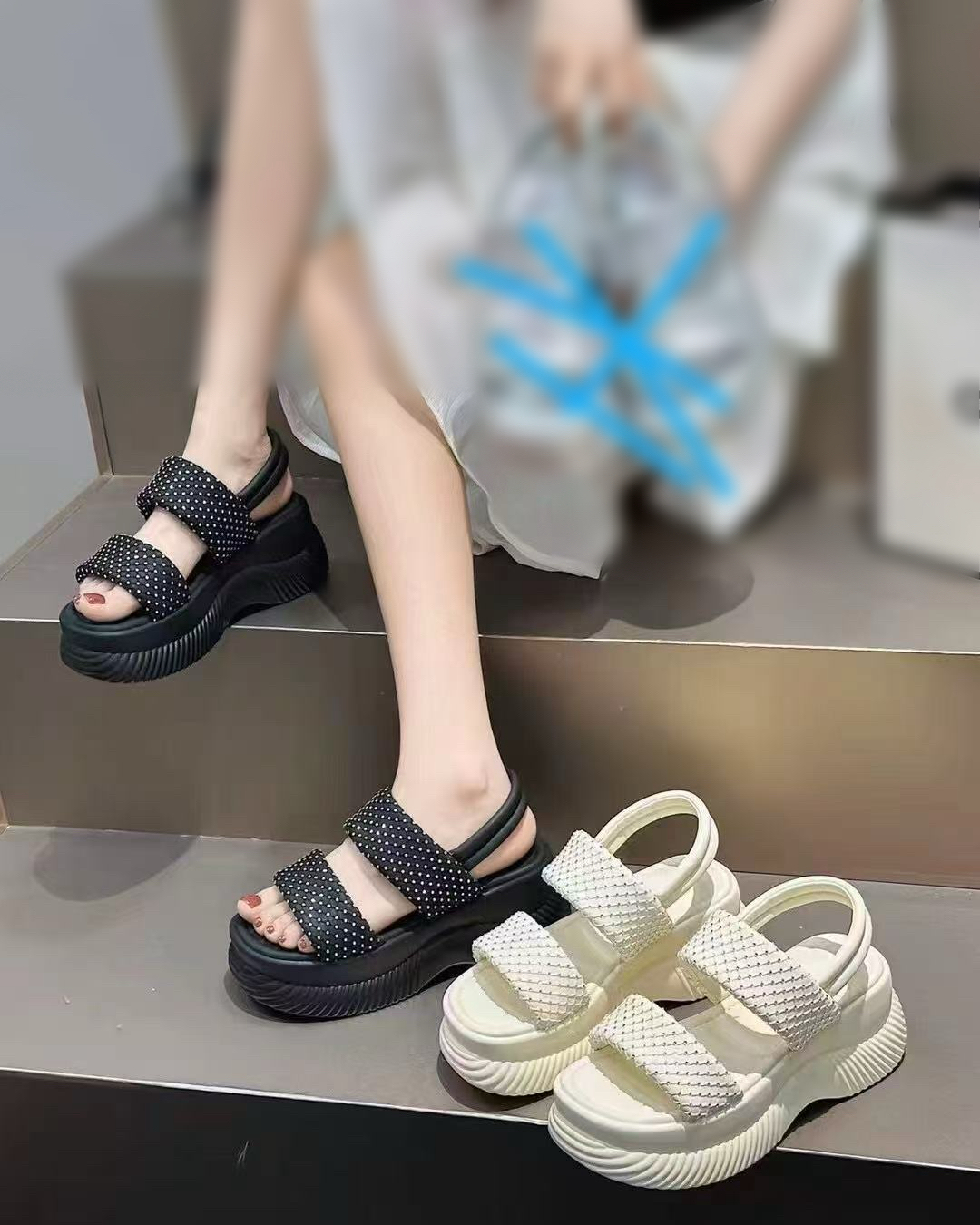 【特价不支持退换】潮流水钻厚底坡跟凉鞋女2025夏新款小个子休闲鞋