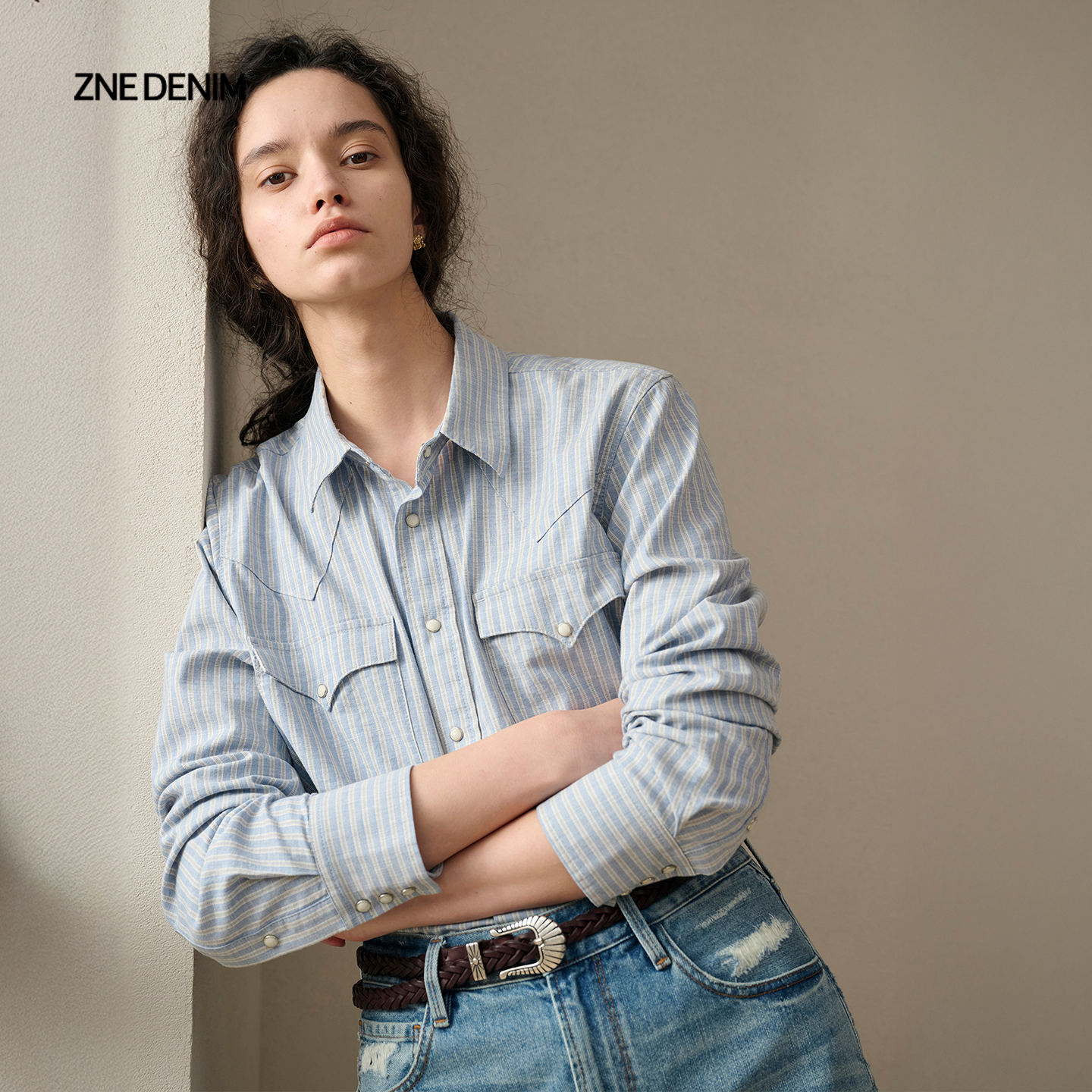 ZNE复古条纹双口袋长袖衬衣MTZ677