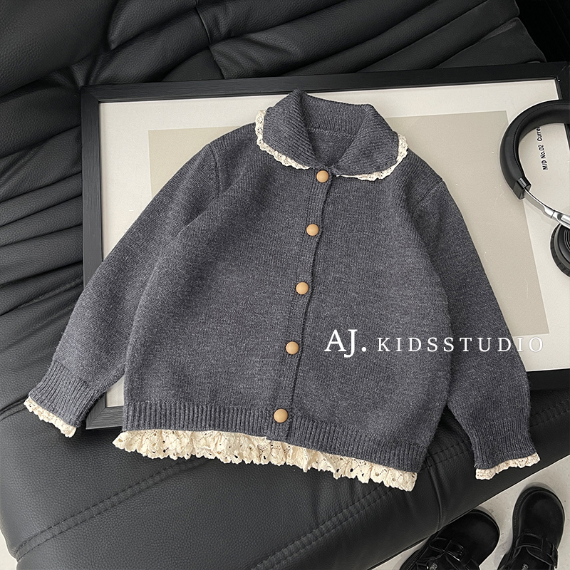 【现货】阿卷秋冬装女童韩版慵懒风蕾丝拼接休闲保暖毛衣开衫SJ6632