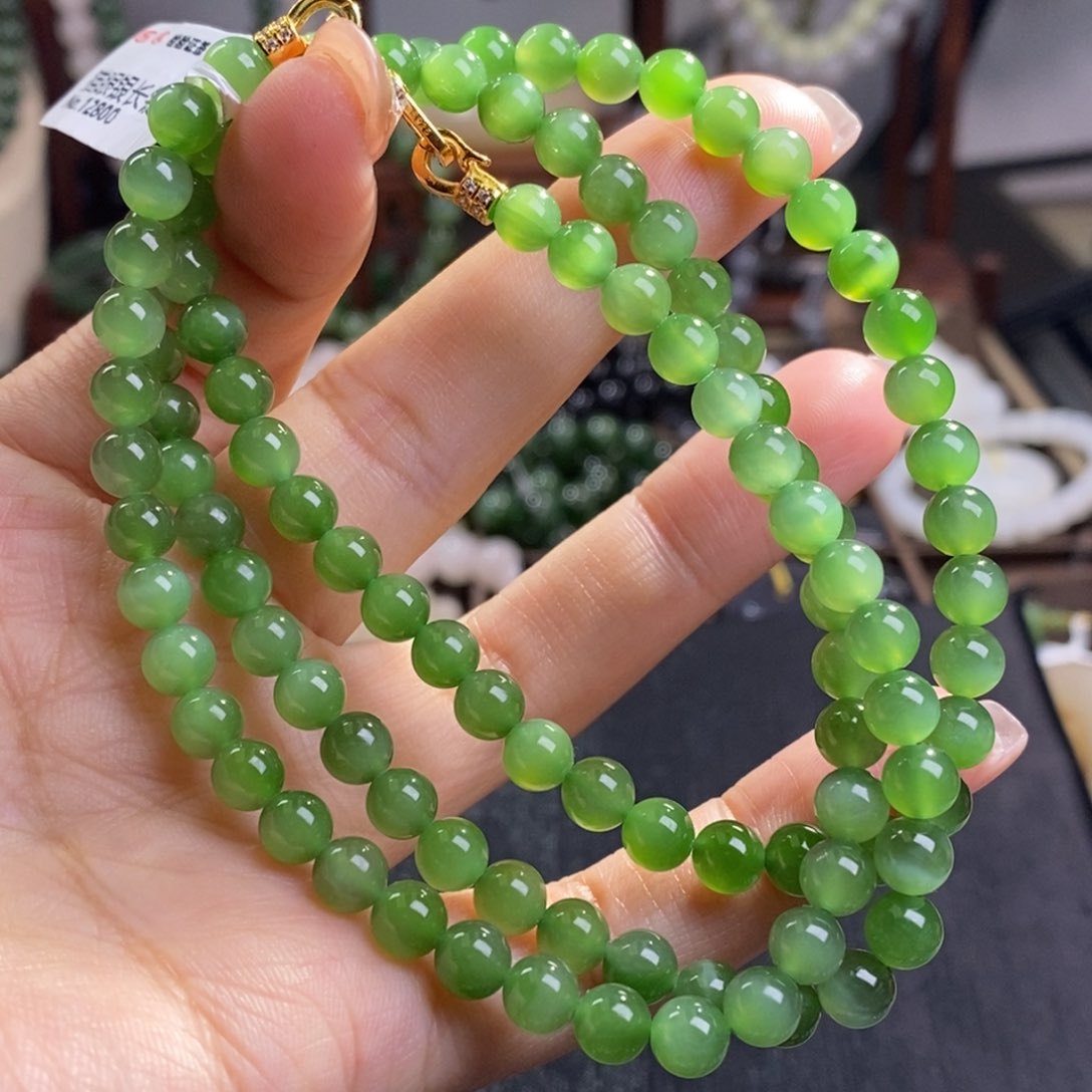 和田玉精品老矿料碧玉高冰猫眼长链约6未镶嵌