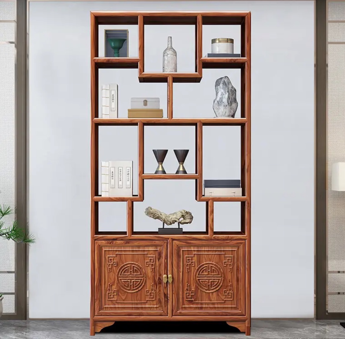 新中式博古架两门一斗置物架展示柜客厅背景禅意
