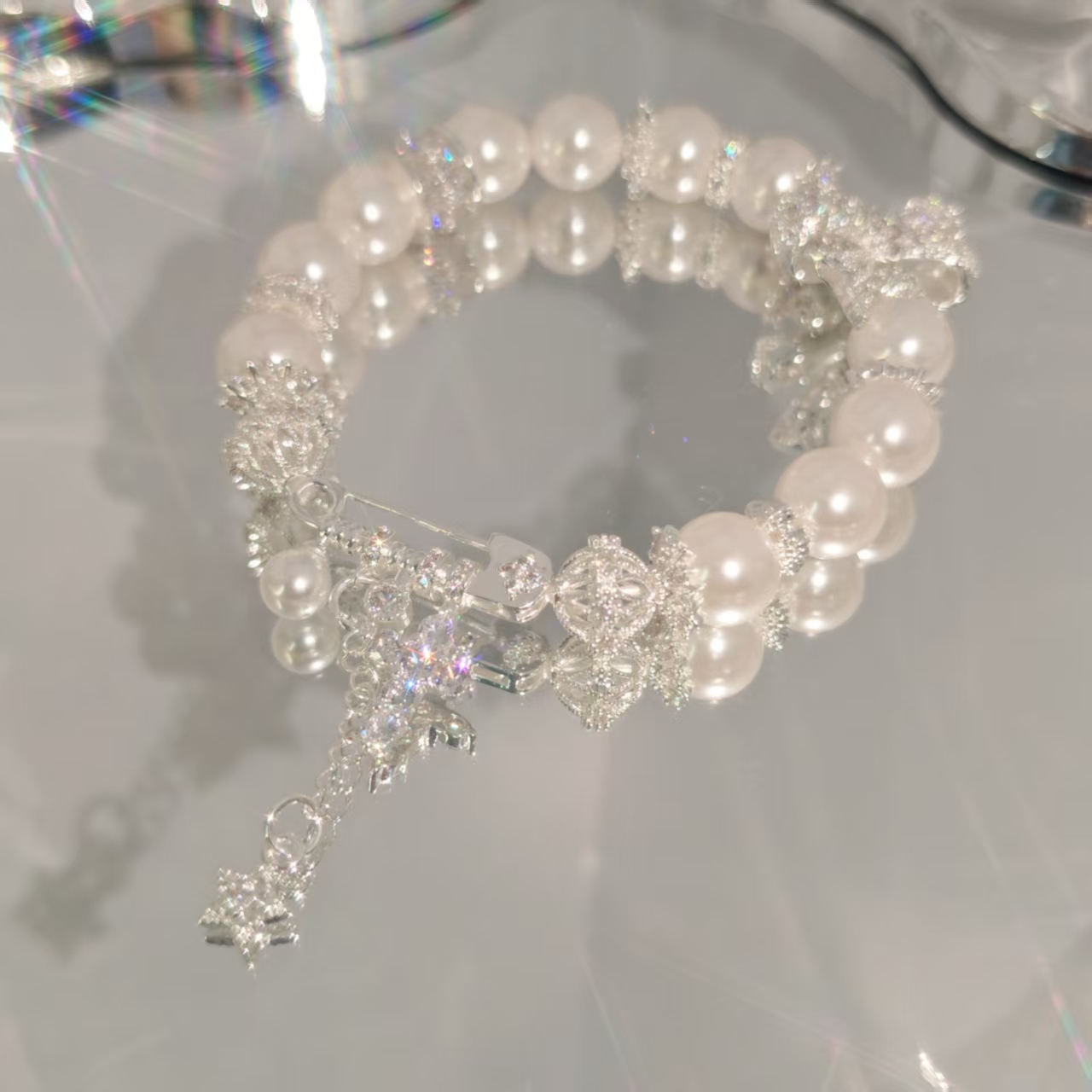 纯铜锆石手链 百搭饰品少女心事仿珍珠手链串珠轻奢小众手串手工