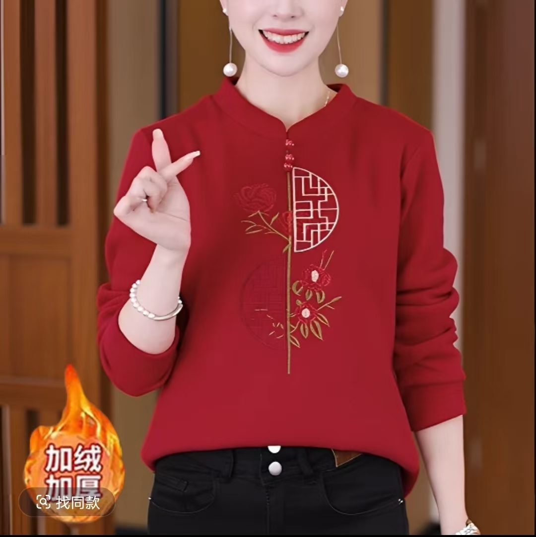 2025年新款百搭中老年女装加绒T恤女装宽松大码加厚打底衫