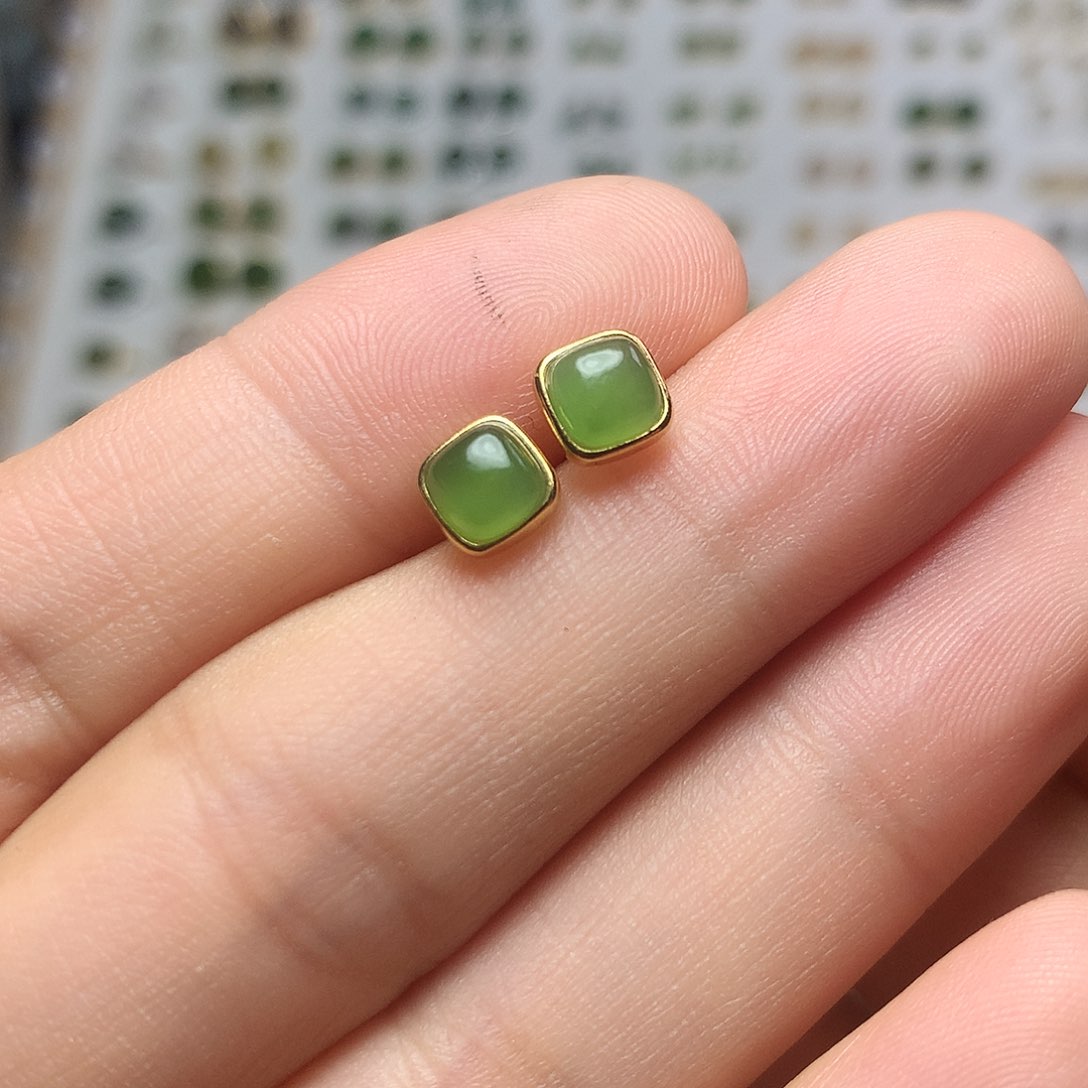 银S925镀金镶嵌和田玉（碧玉）耳饰