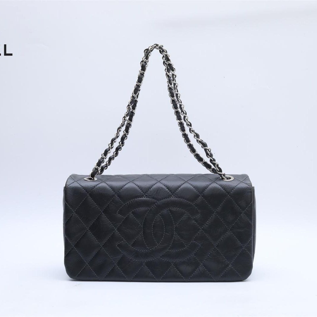 95新 Chanel/香奈儿 【双攀】黑色 皮革C 14开 银扣 大双C翻盖BOX