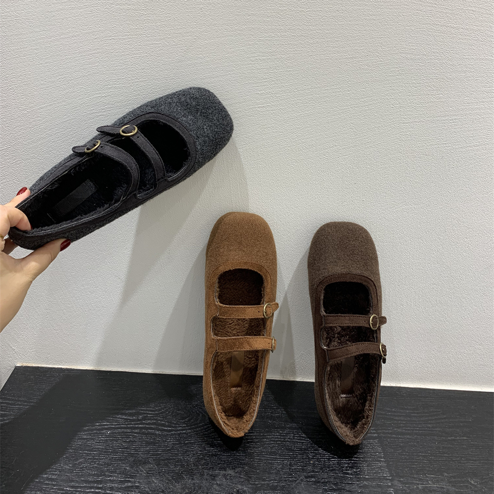 毛呢料！秋冬高级感灰色加绒玛丽珍鞋毛毛鞋女鞋软底单鞋保暖棉