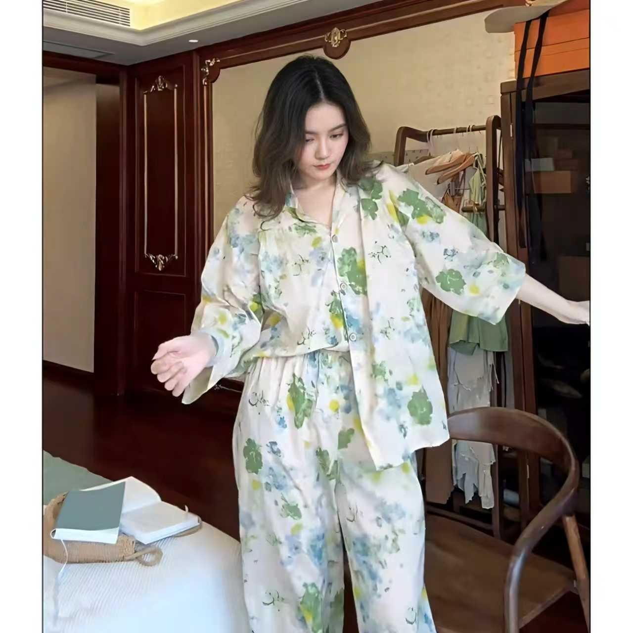 力婷睡衣女士法式宫廷风春秋季新款长袖长裤家居服套装休闲可外穿