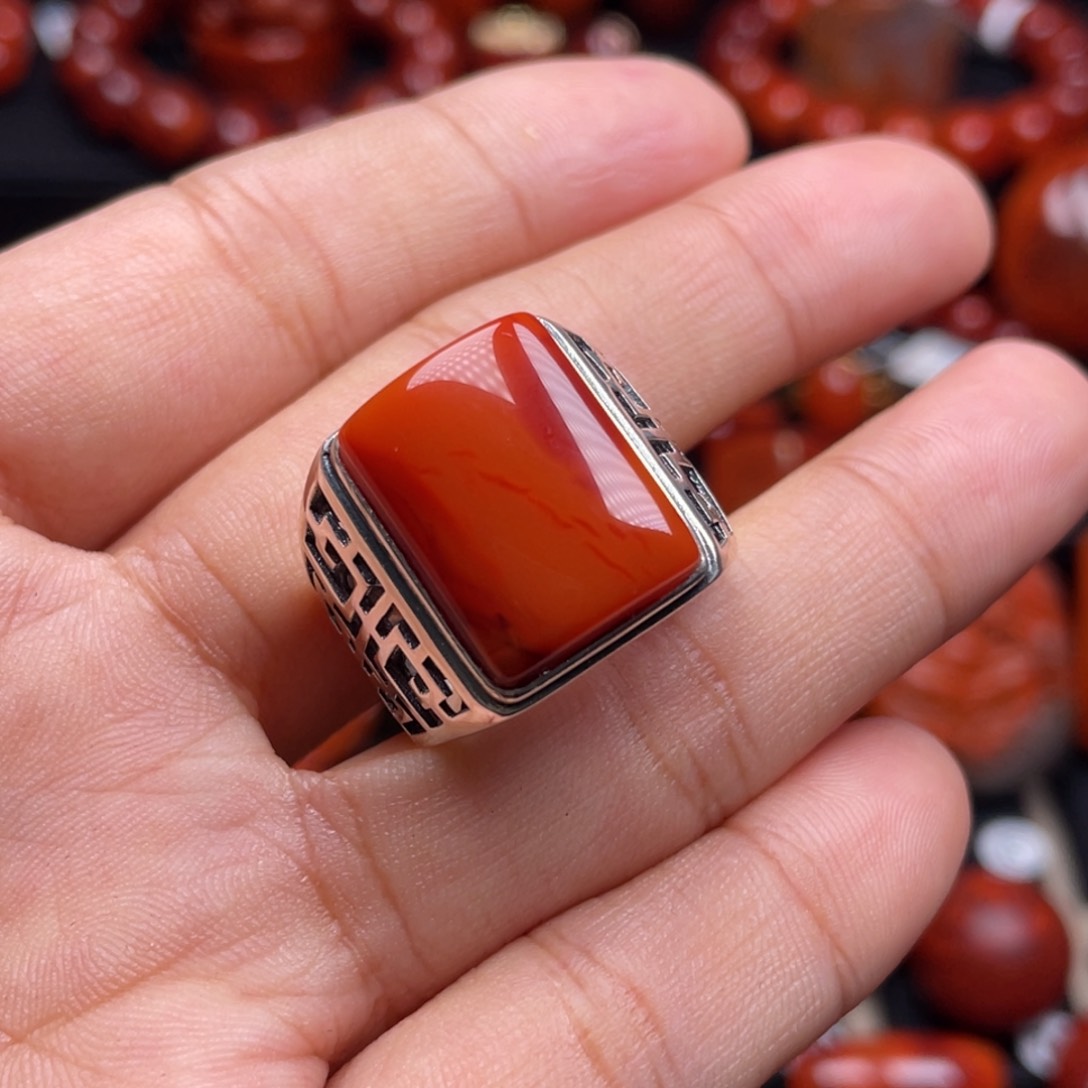 南红玛瑙珠宝奇石银S925镶嵌戒指