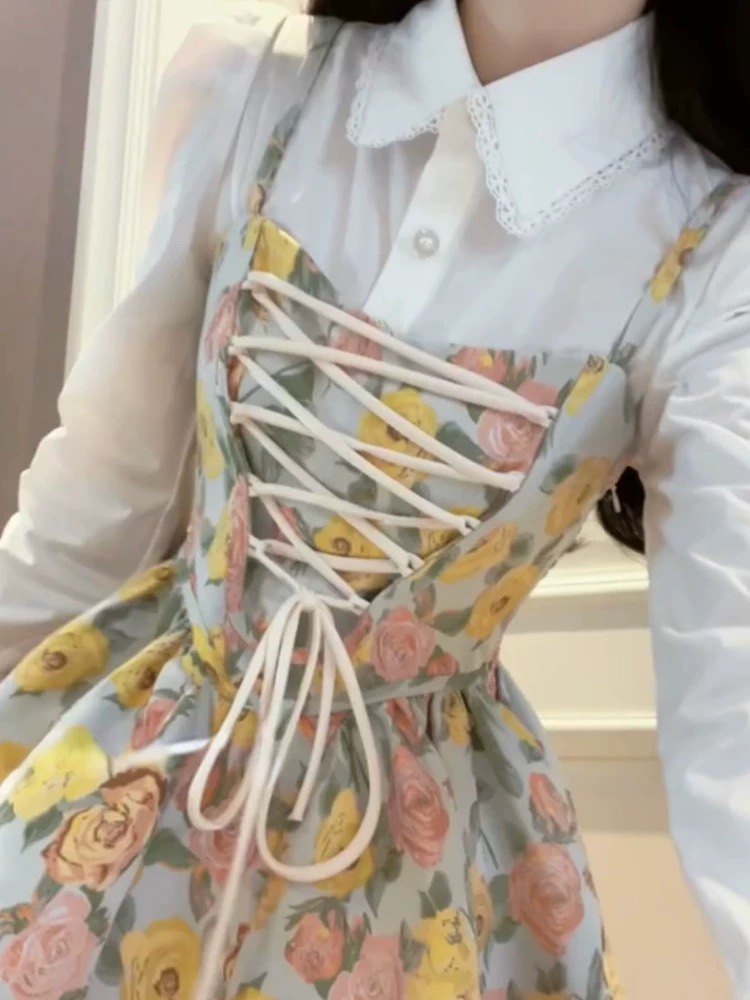 【丸子家】大码玫瑰花油画吊带绑带假两件连衣裙6290长6285短