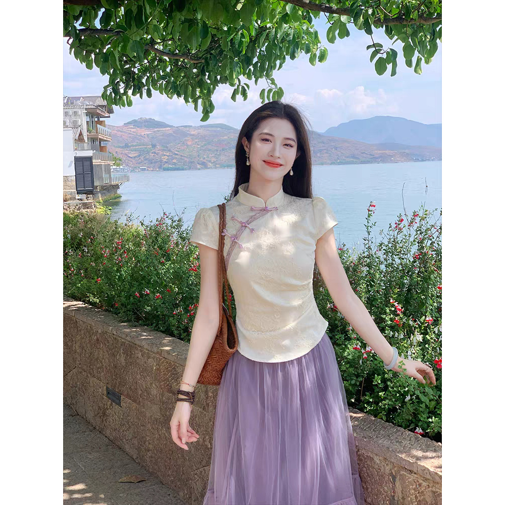 凌茜恣禾暮染棠提花修身上衣女春夏网纱拼接半身裙新中式国风套装