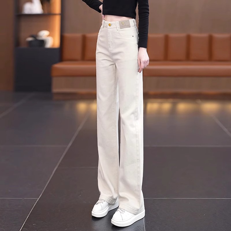 米白色软牛仔直筒裤女2025年秋冬新款爆款纯棉裤子休闲窄版阔腿裤