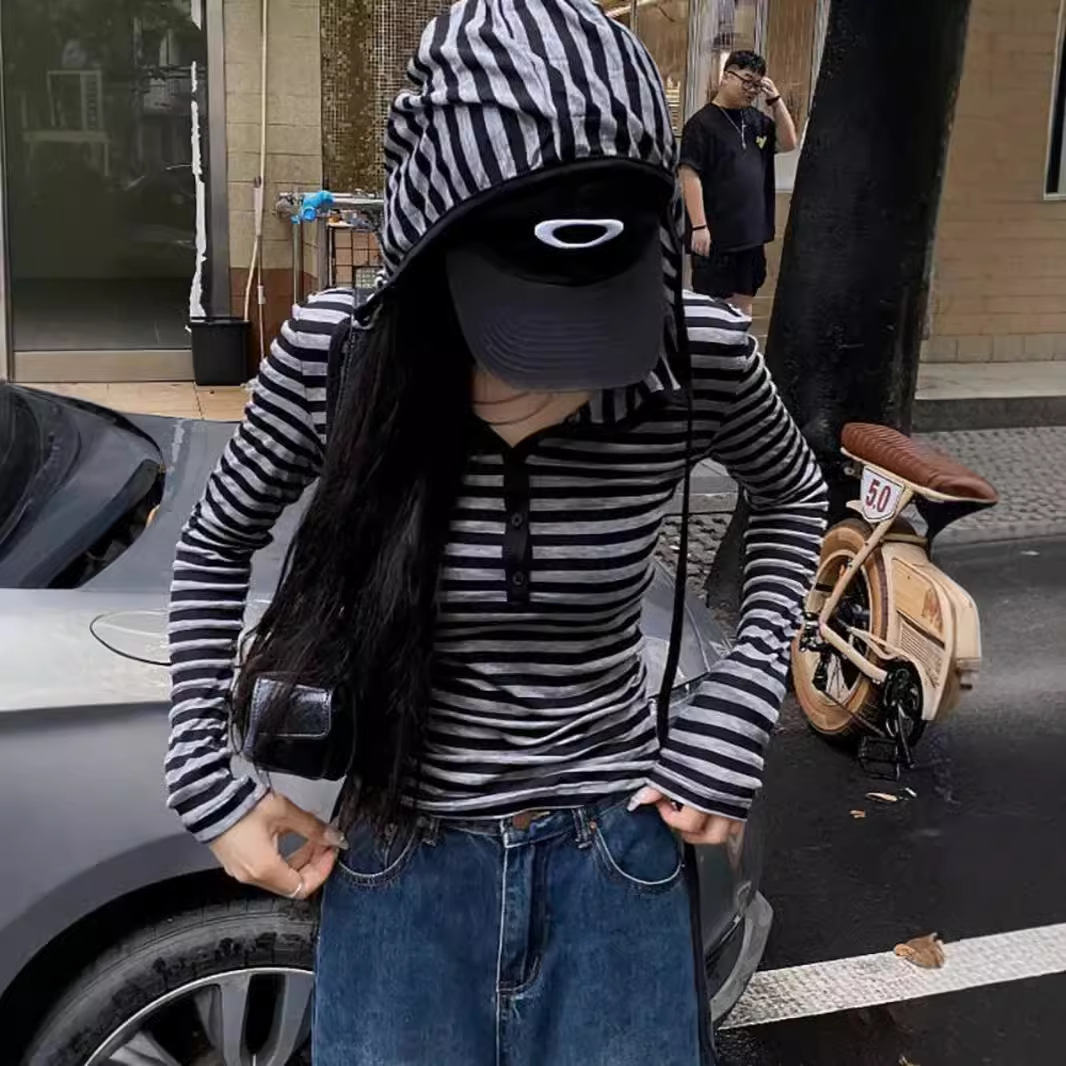 美式条纹连帽长袖t恤女2025秋季修身显瘦设计感打底