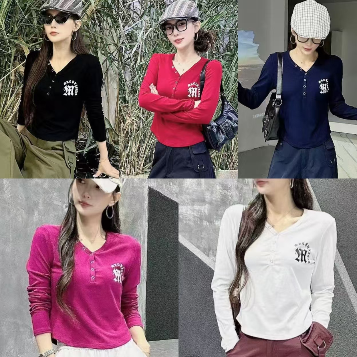 秋季新款高弹力长袖T恤V领半扣衫广场舞队服团体服百搭 上衣3912