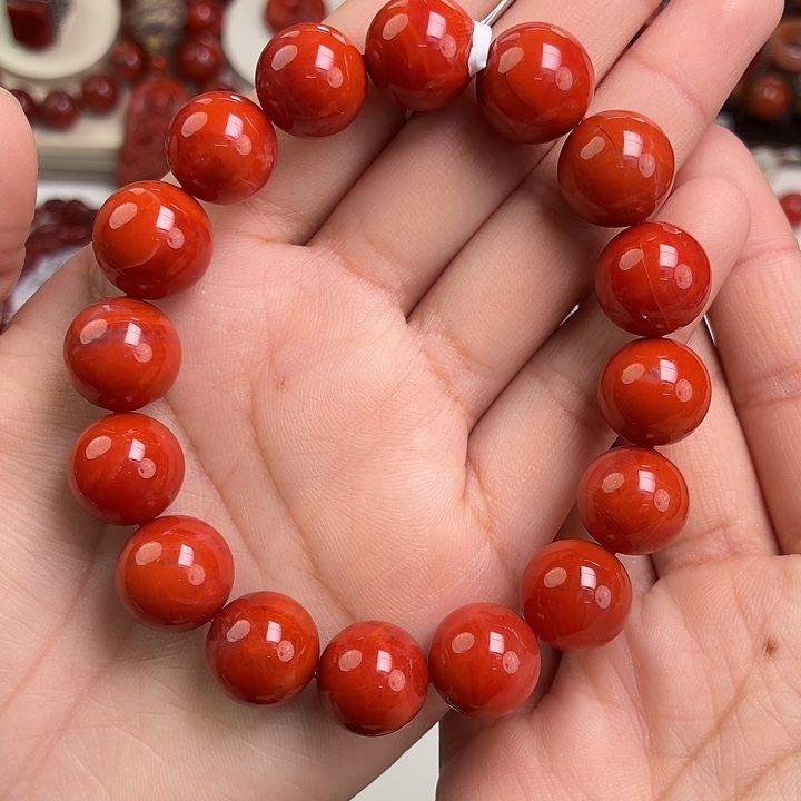 圆***南红玛瑙未镶嵌手链柿子满肉单圈13mm