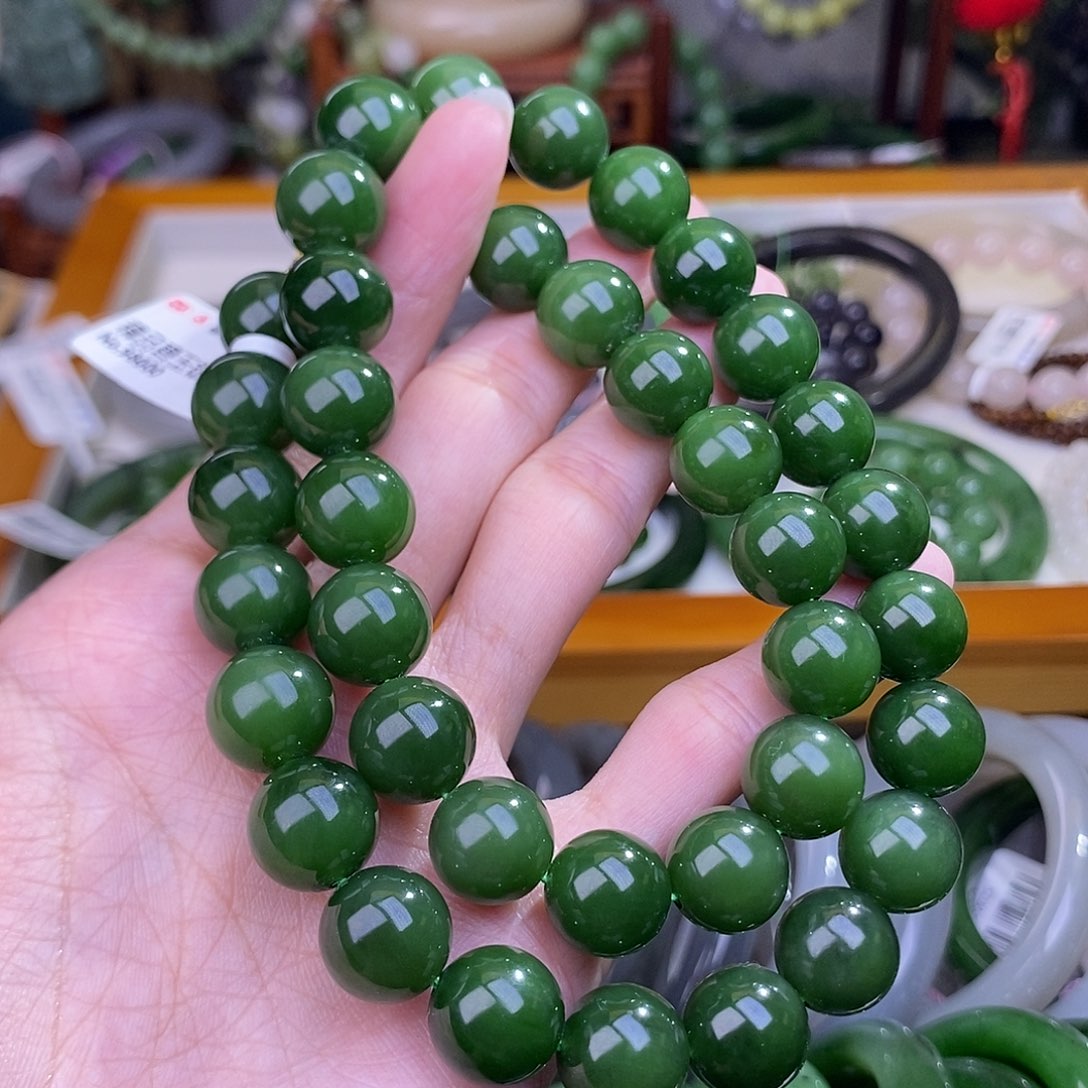 和田玉俄七碧玉银镶老料毕业级妈妈链12MM未镶嵌