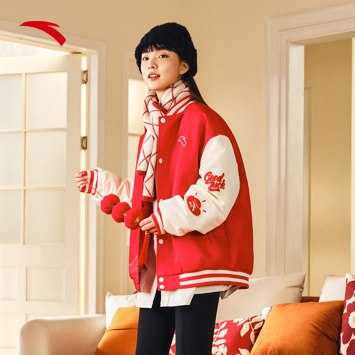 安踏防泼水棒球棉服夹克加厚宽松飞行夹克冬季中性时尚新年限定