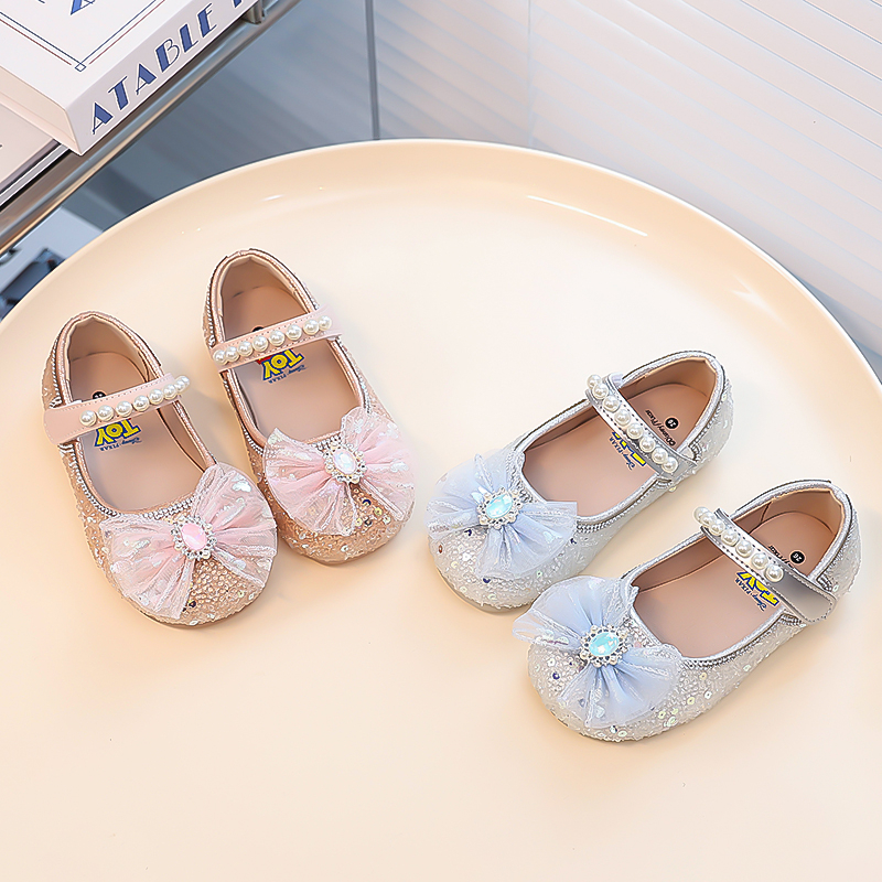 女童鞋子公主水晶鞋2025新款儿童小皮鞋宝宝软底艾莎闪亮女孩洋气