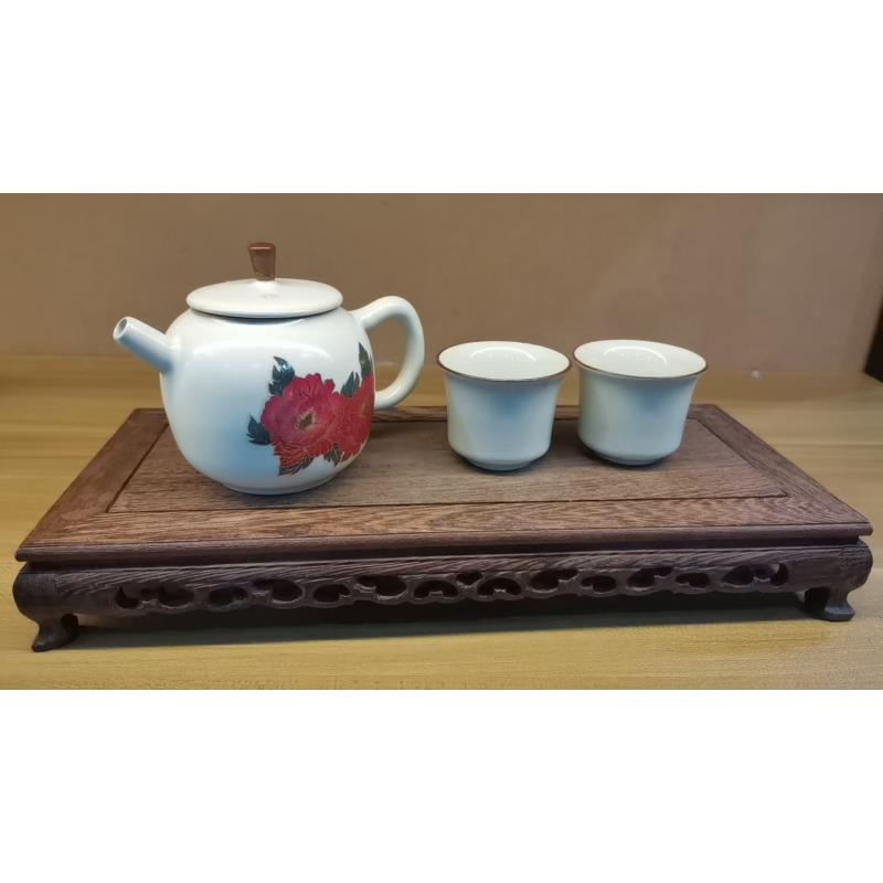 陶瓷牡丹米黄汝窑手执壶加两杯A320