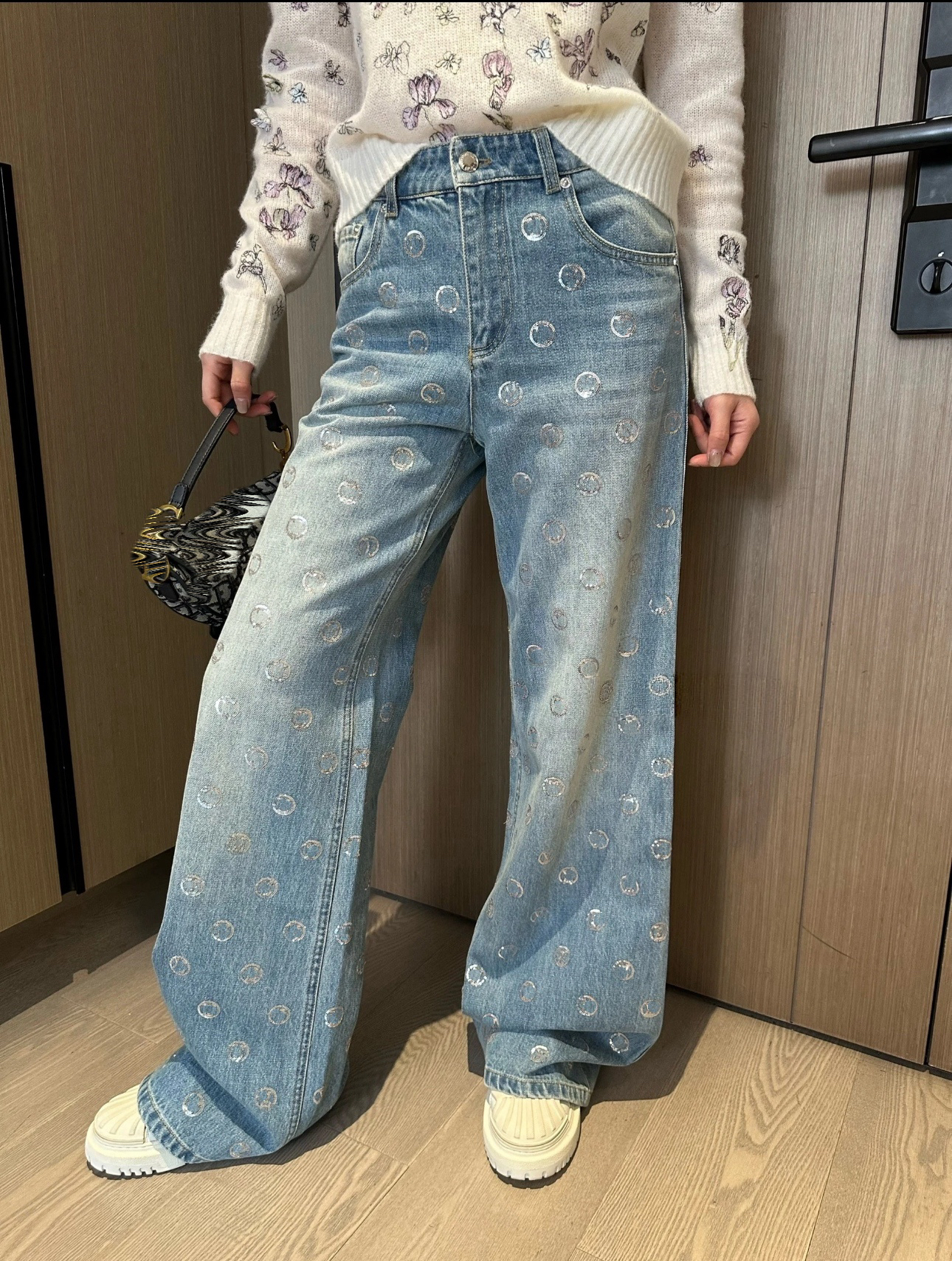 「长芯」25早秋时髦百搭银色满印刺绣亮片牛仔裤YZ25W11062