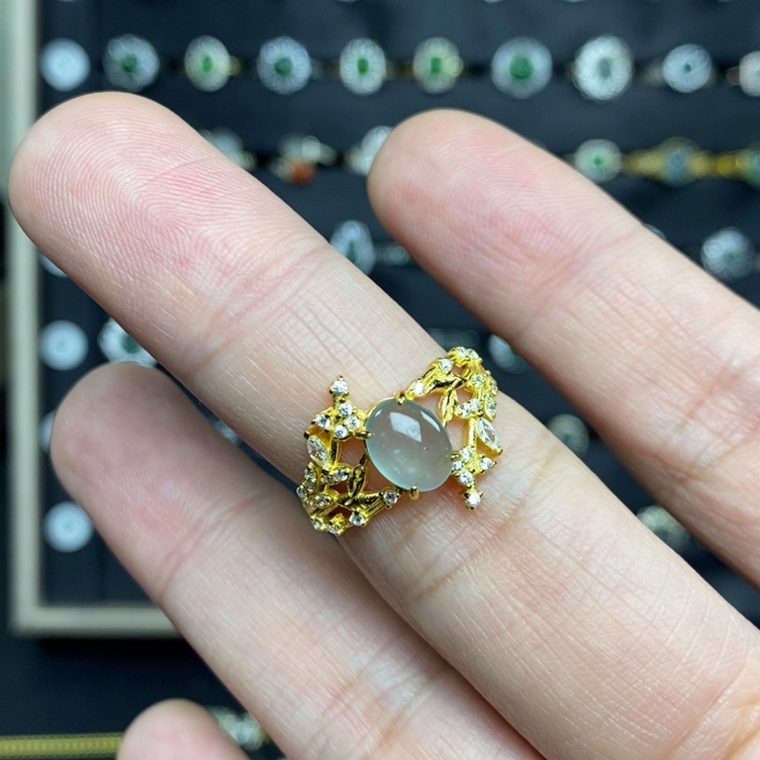 翡翠戒指银S925镀金镶嵌金枝玉叶