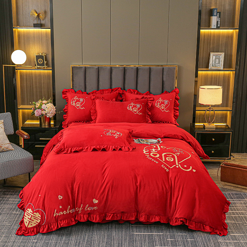 加厚牛奶绒婚庆刺绣系列四件套结婚磨毛绣花大红色水晶绒绒被
