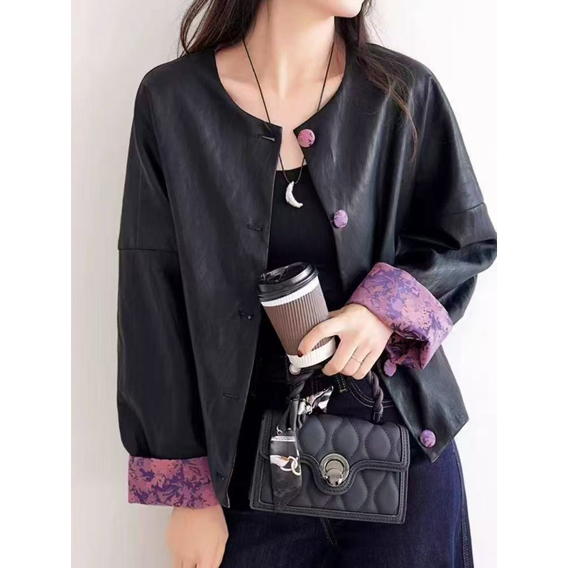 {设计师}时尚前线复古国风提花拼接皮衣新中式文艺上衣