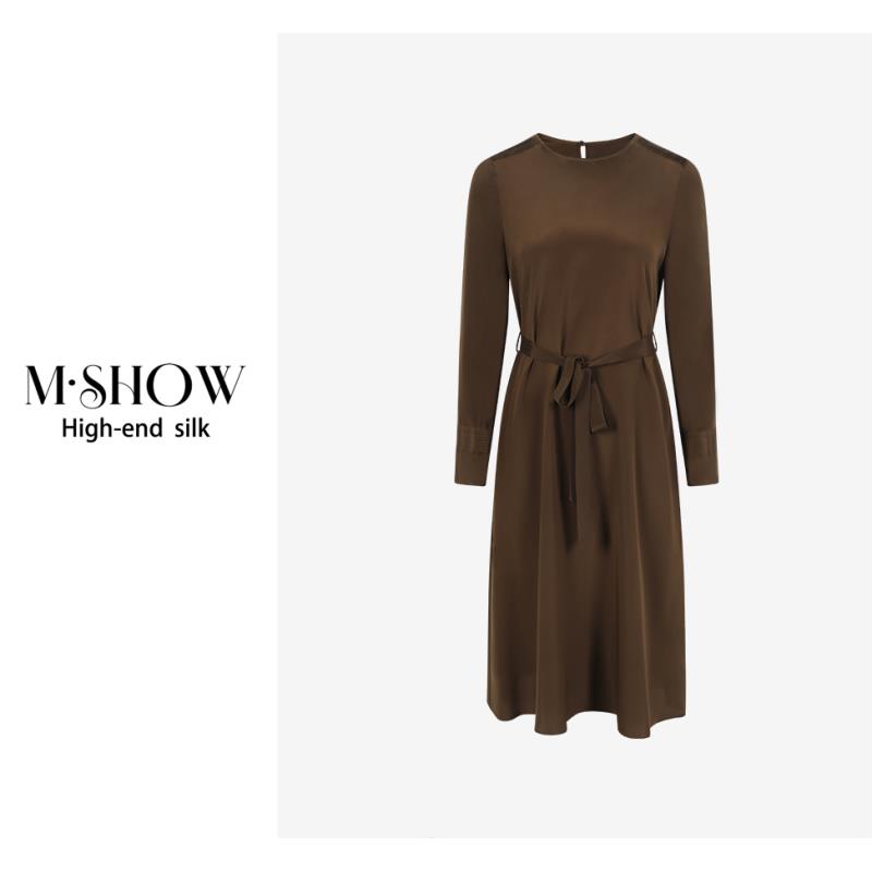 【重磅真丝】26姆米弹力重绉圆领打条真丝长袖气质连衣裙8768L