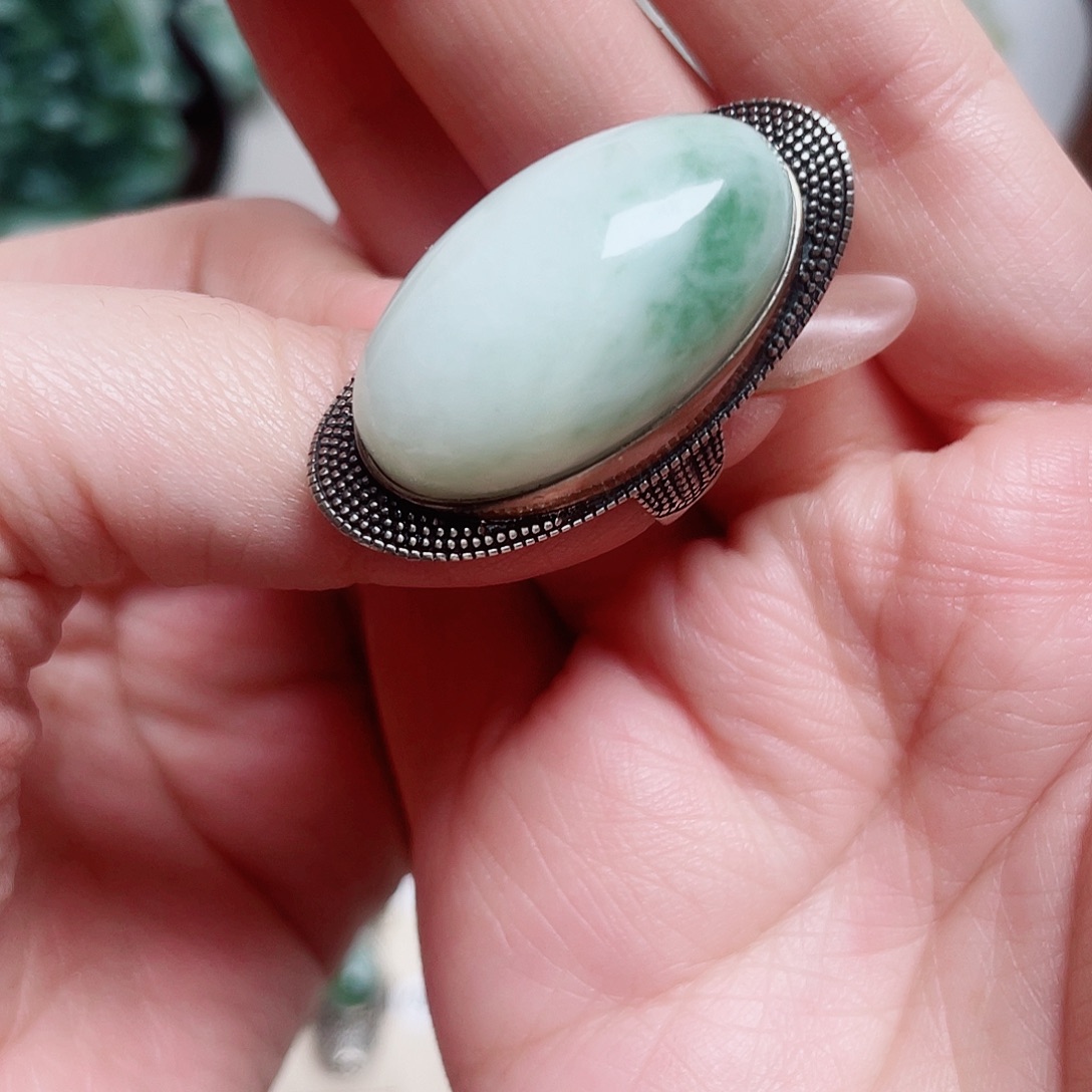 明***好透闪石-蛇纹石玉银S925镶嵌戒指
