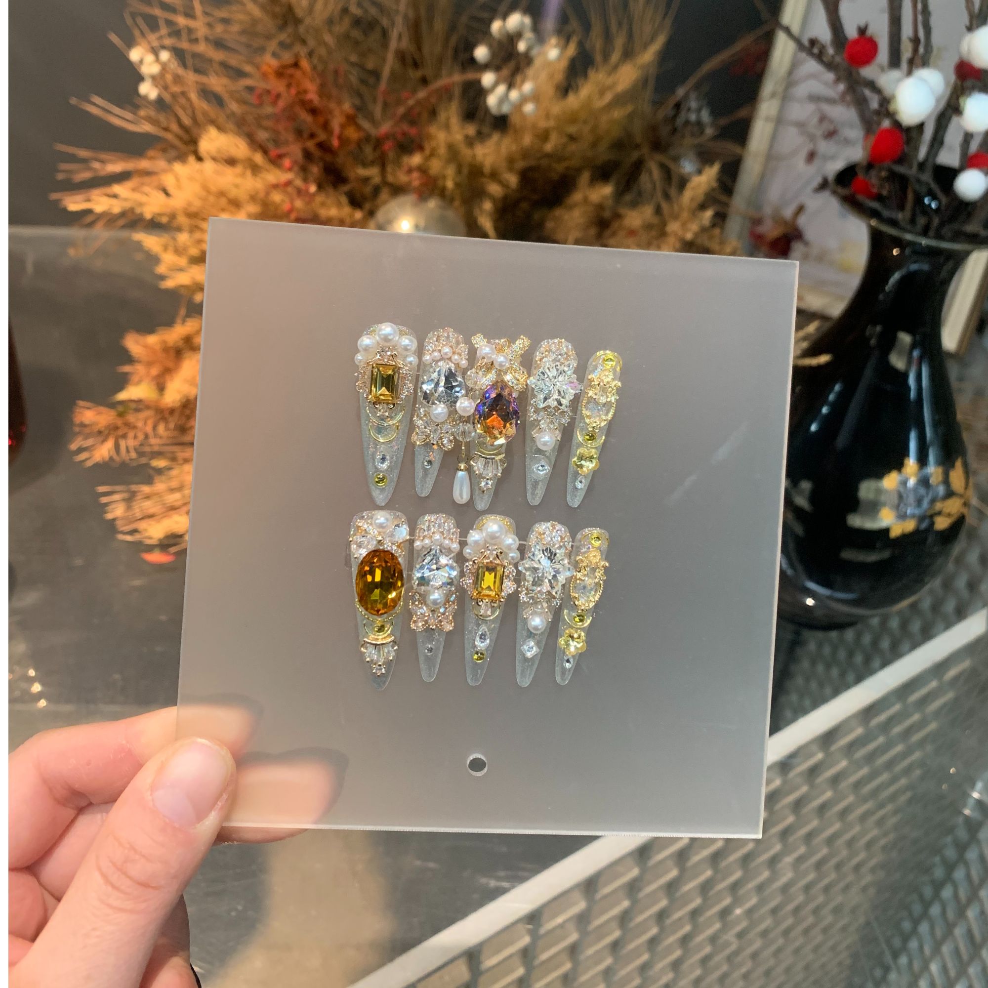 【金针菇】手工穿戴甲金色气质爆闪珍珠满钻美甲片