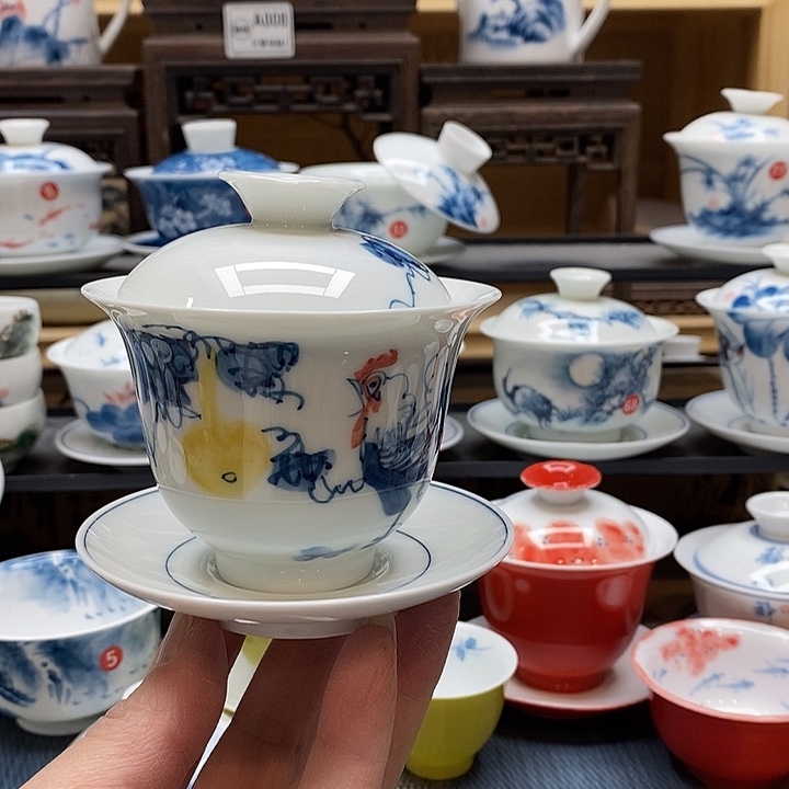 手绘微瑕公鸡盖碗