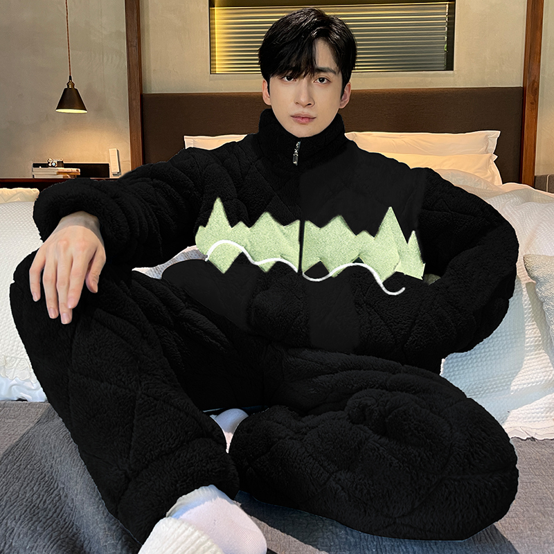 2024睡衣男冬加绒加厚珊瑚绒三层夹棉简约休闲家居服保暖冬季套装