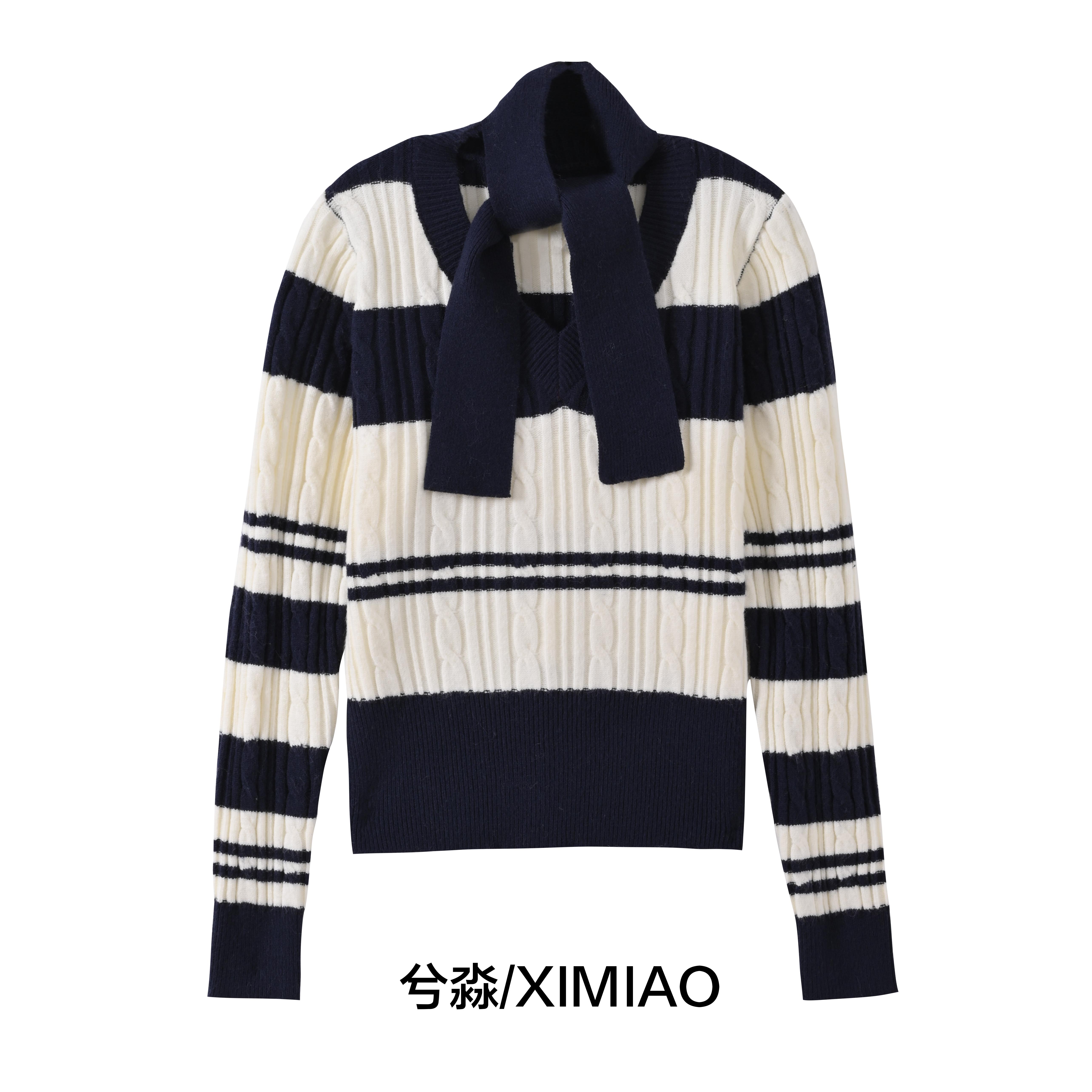 辣妹风条纹针织圆领秋季毛针织衫不褪色套头款