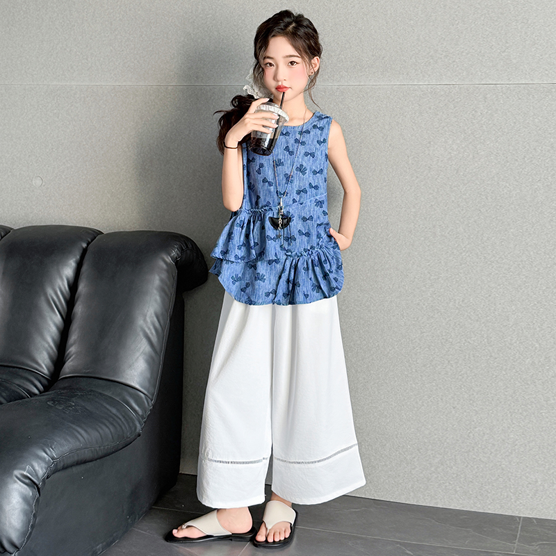 女童设计感夏季时髦套装2025新款儿童不规则无袖上衣阔腿裤两件套