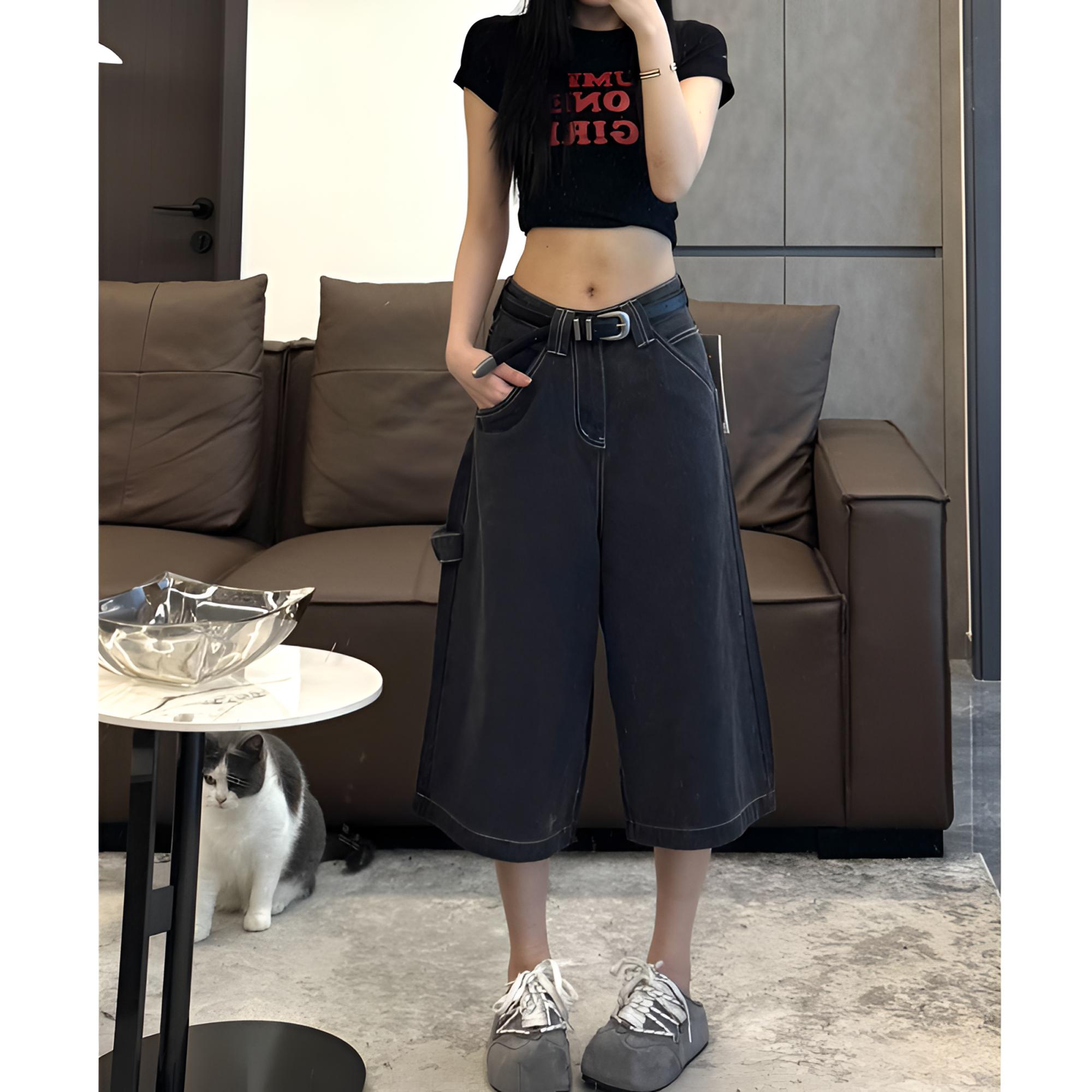倪不叶【黑色七分牛仔裤】美式复古女夏高腰网红爆款宽松7分阔腿裤