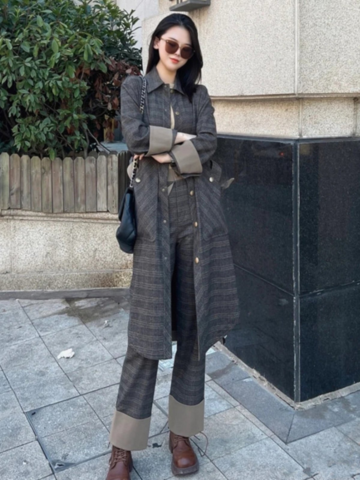 2024春秋新款女装中长款复古腰带格纹风衣外套5400707
