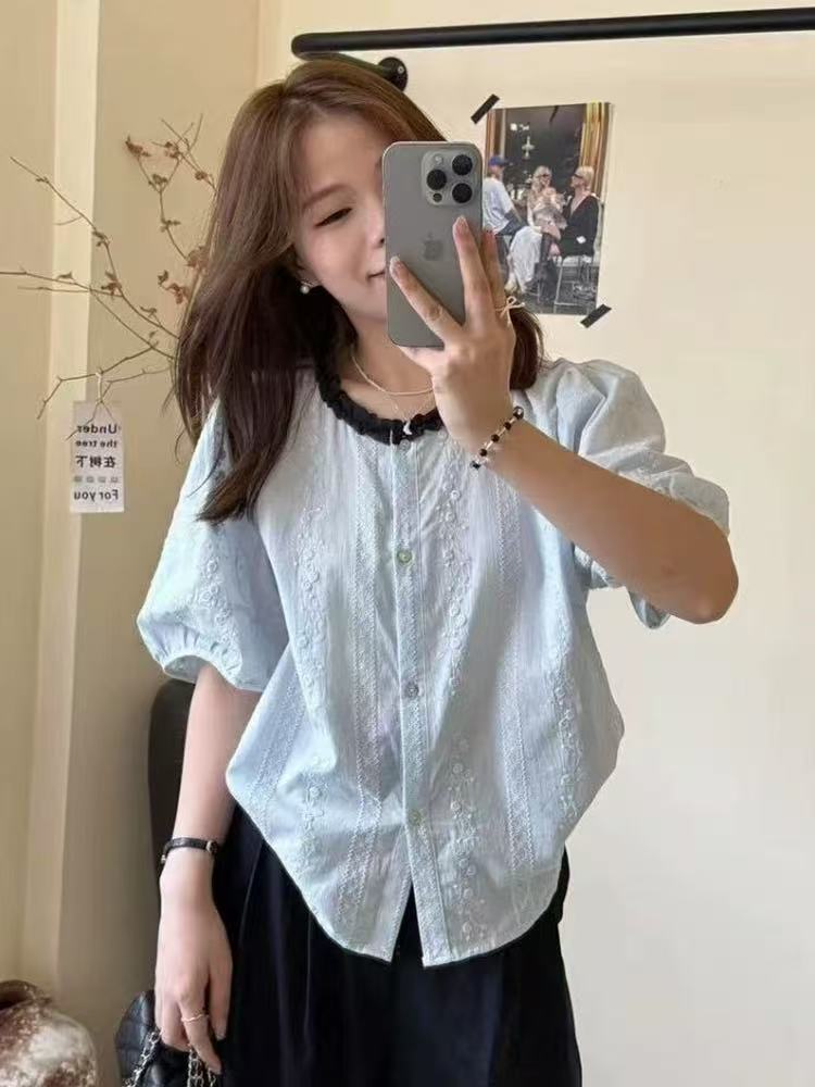 季念高级感重工钩花刺绣蓝色短袖衬衫女木耳边撞色领洋气小衫上衣