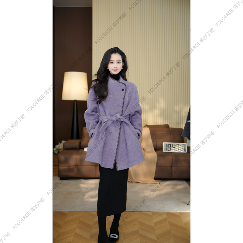雷雷新款羊驼毛羊毛赫本风女保暖翻领中长款羊毛大衣