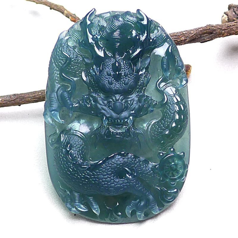 纯天然A货翡翠老坑冰透精雕立体霸气龙牌吊坠挂件64.5-44.3-10mm