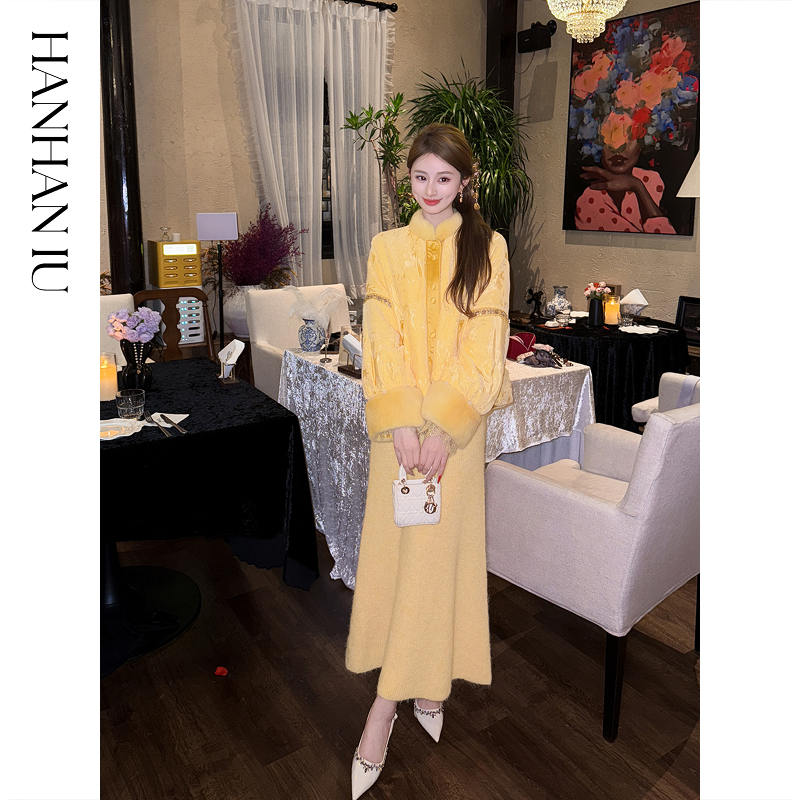 韩韩IU【富贵盈门】90白鹅绒羊毛丝绒拼接水貂毛新中式国风羽绒外套