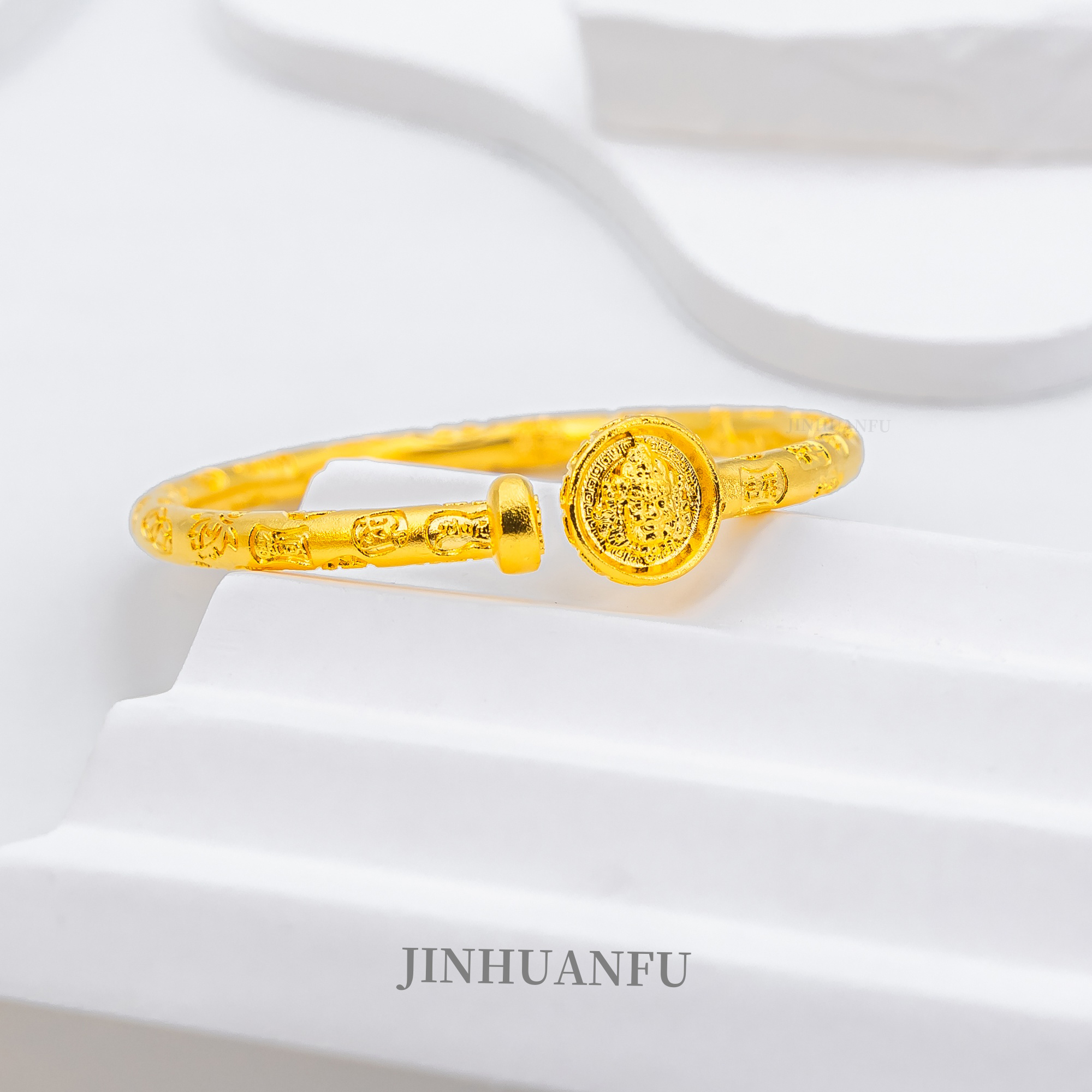 足银手镯 足银手镯 吉言黄财神钉子手镯古法磨砂厚包