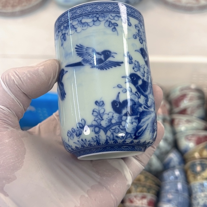 瓷片白青花喜上眉梢直筒杯可乐全品