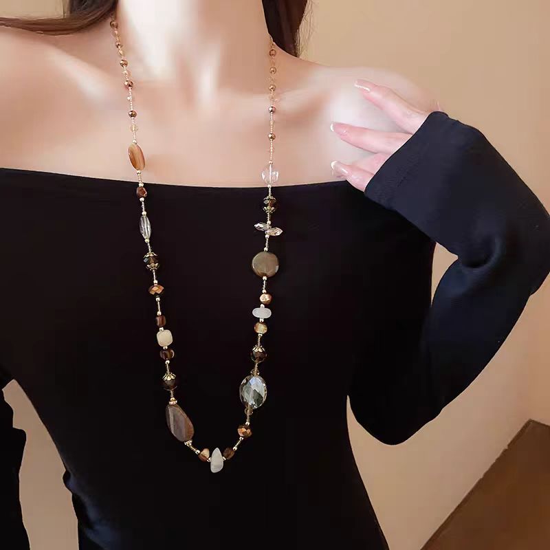 合金项链 铜合金天然贝壳长款项链美拉德复古小众百搭挂脖项饰