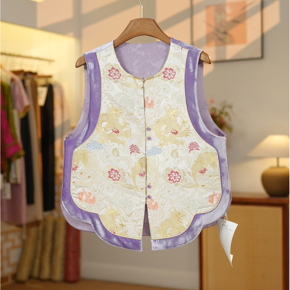 【龙凤·妆花云锦】双面穿2025冬季拼丝绒新中式夹棉加厚马甲X-160