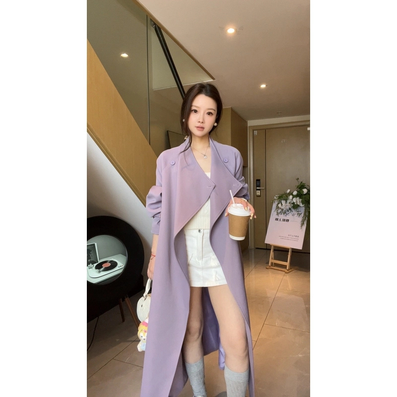 极简老钱风宽松时尚百搭2025春季垂感翻领风衣女款大衣长款外套