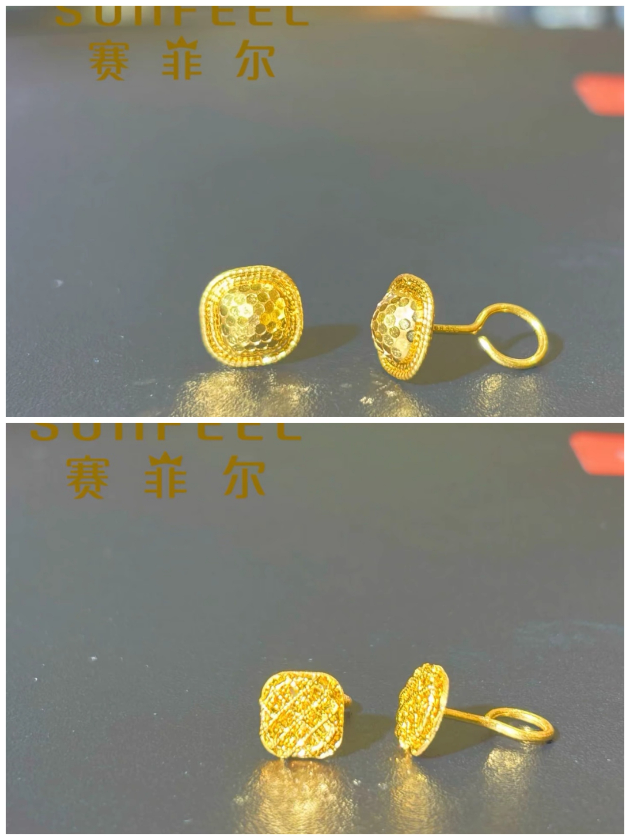 SUNFEEL/赛菲尔黄金足金方糖鱼鳞拉丝方糖黄金耳钉