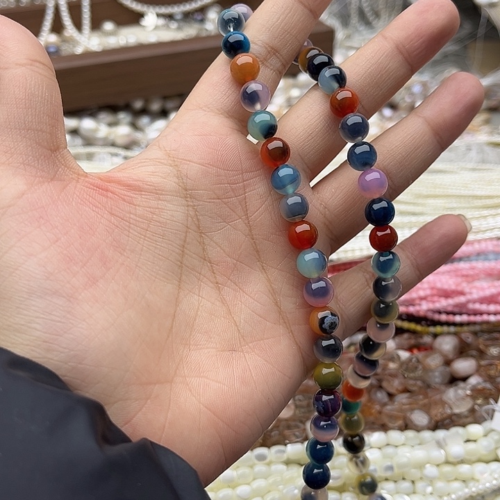 玛瑙/玉髓未镶嵌珠宝半成品一条8mm左右彩糖心玛瑙