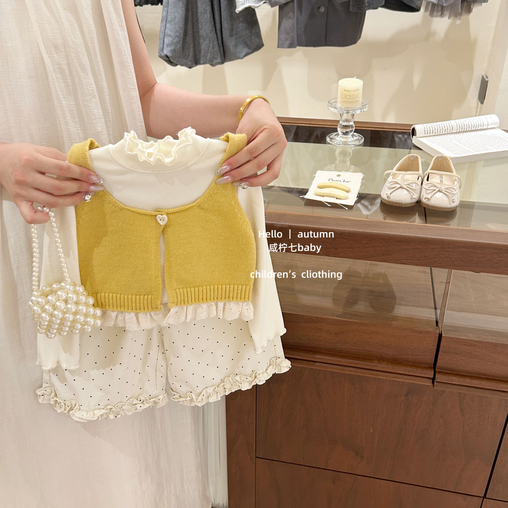 【咸柠七】女童套装秋季洋气时髦儿童巨好看秋装宝宝针织马甲波点裤